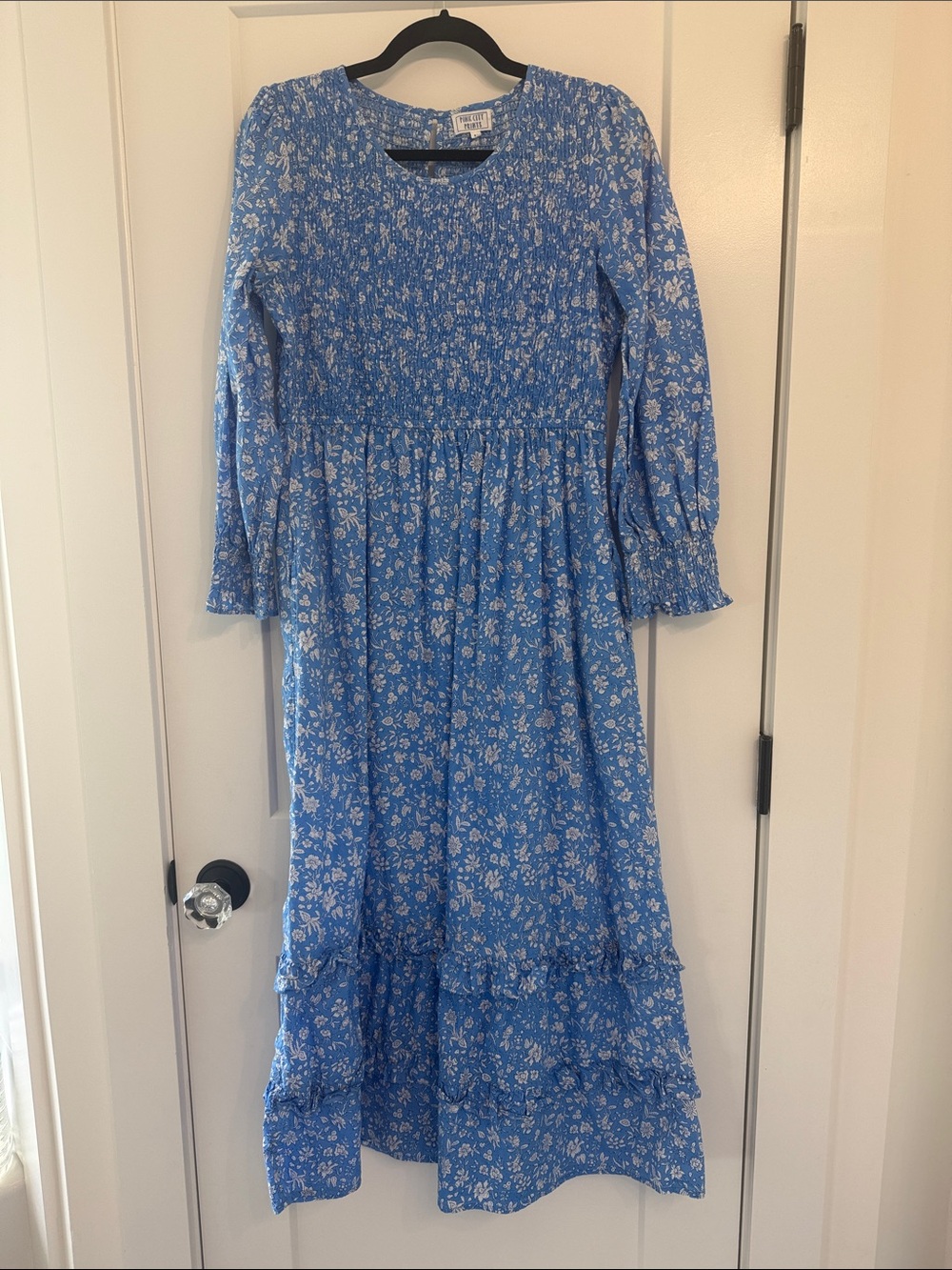 Blue Floral Pink City Prints Dress with Smocked Bodice